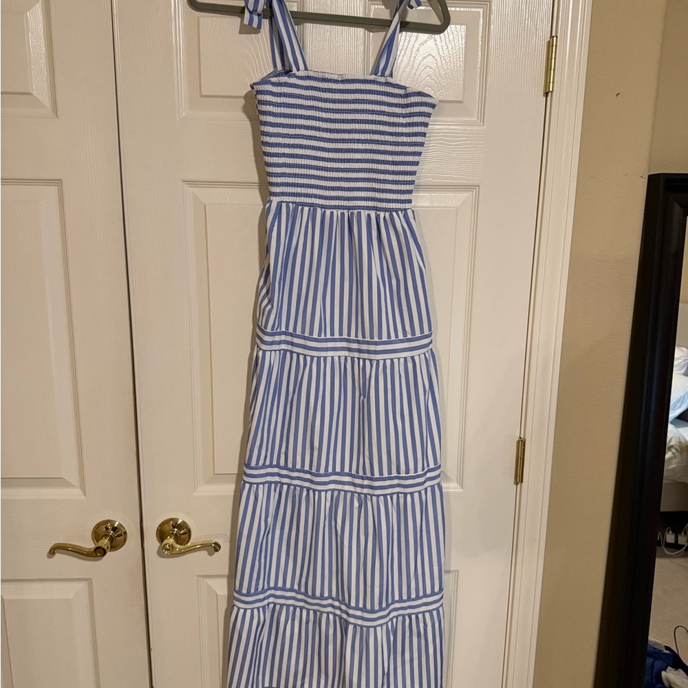 White and Blue Tiered Ruffled Maxi Sundress